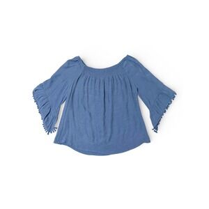 C Est. 1946 Blue Smocked Off Shoulder Boho Bell Sleeve Pom Pom Blouse Sz-22/24W